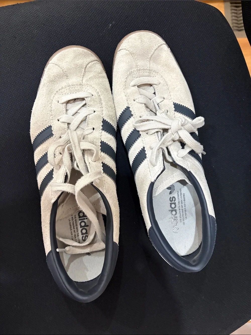 adidas Women’s Beige Suede Sneakers with Black Stripes. Size 9.5